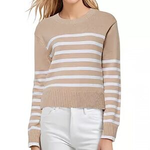 Three Dots Marin Taupe Stripe Long Sleeve Crewneck Knit Sweater Womens Size L